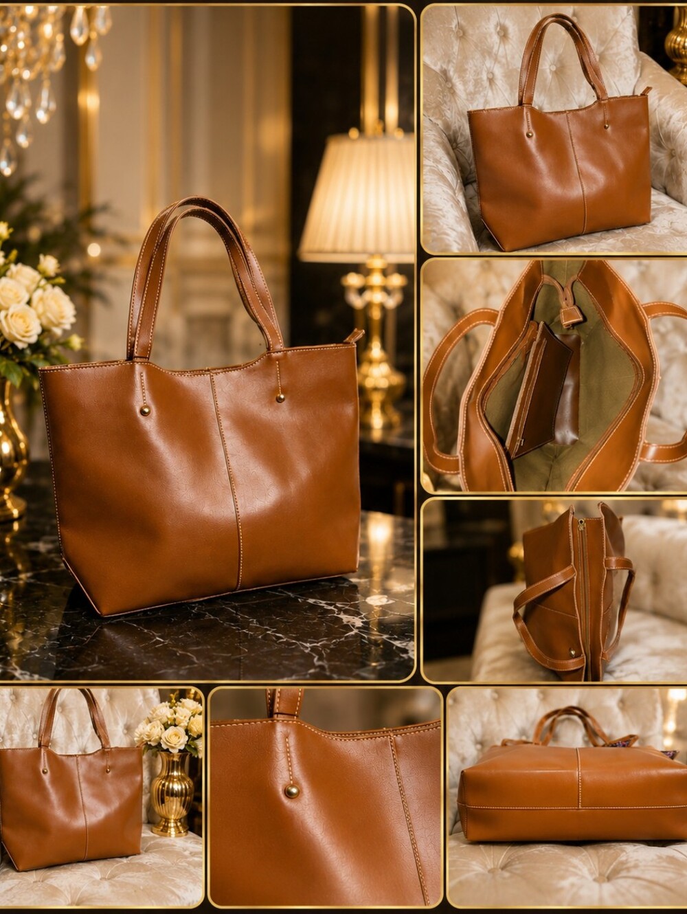 Brown Faux Leather Handbag & Tote | Large Laptop-Friendly Everyday Shoulder Bag